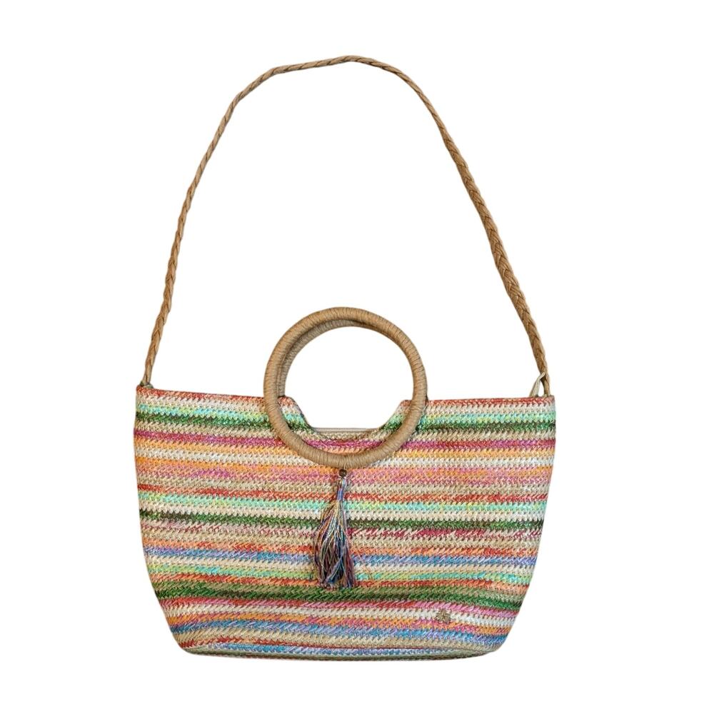 T. Cappelli Woven Straworld Rainbow Boho Straw‎ Tote Bag Circular Handle Tassel